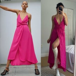 NWT Zara Barbie Pink Flowy Deep V-Neck Strappy Low Back Midi Wrap Dress Fuchsia